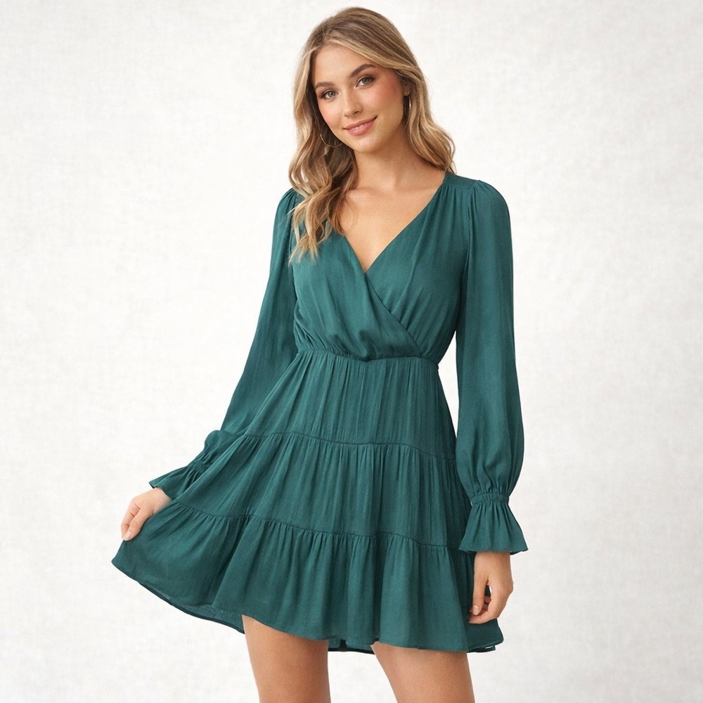 Aakaa Teal Green Boho Mini Dress Small Ruffle Empire Waist Romantic Cottage Core